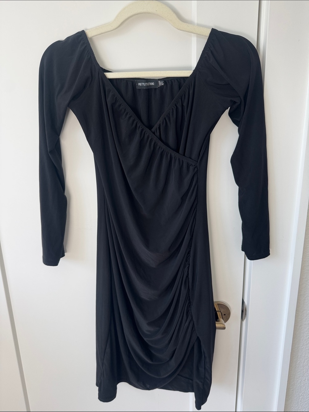 PrettyLittleThing Black Long Sleeve Ruched Draped Dress